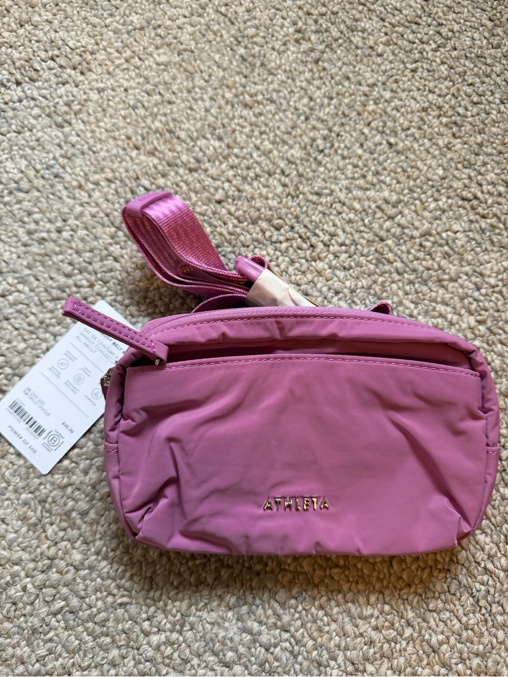 Athleta Rose Pink Crossbody Belt Bag with Gold Logo